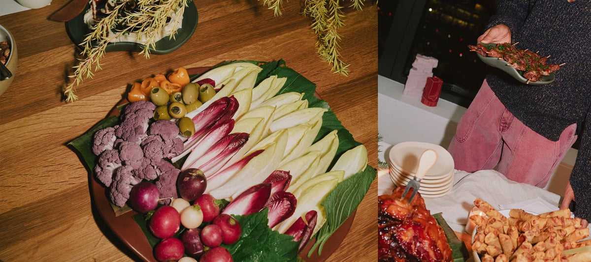 Tortugaware platter of vegetables at a dinner party designed for gathering